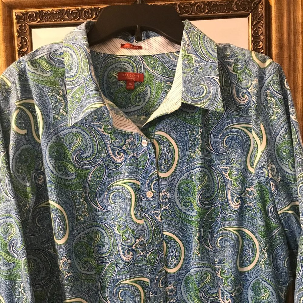 TALBOTS COTTON PAISLEY LONG SLEEVED BLOUSE